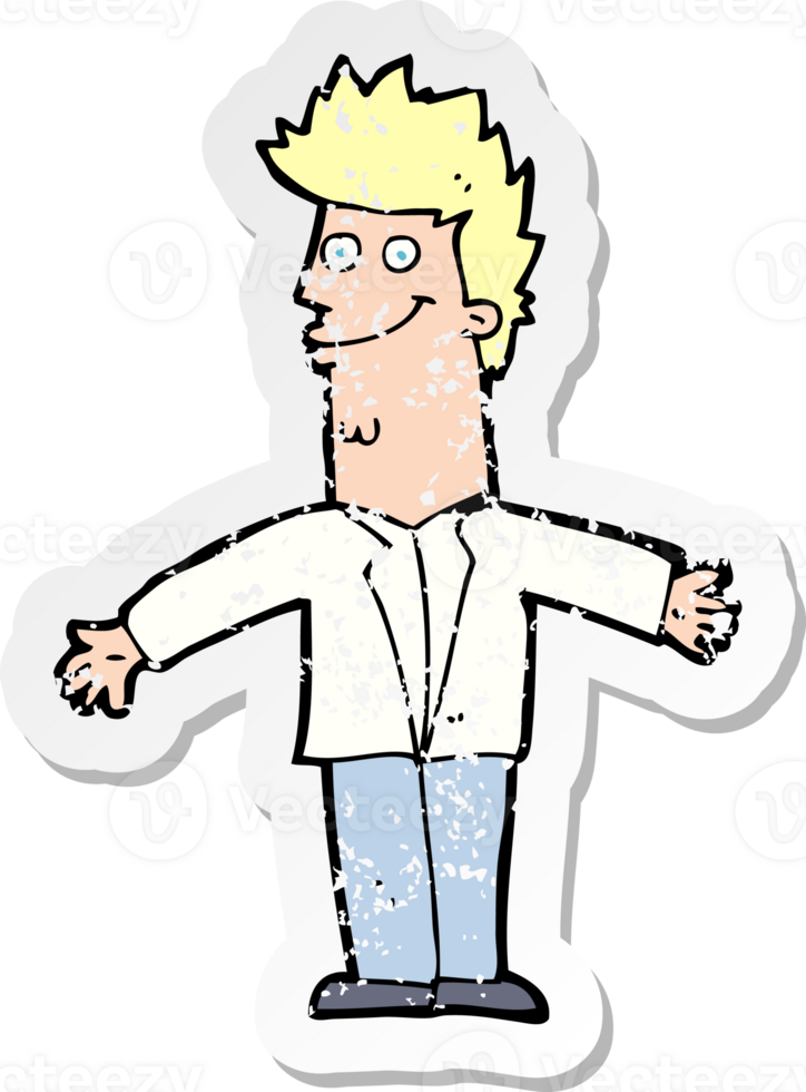 retro distressed sticker of a cartoon happy man with open arms drawing png