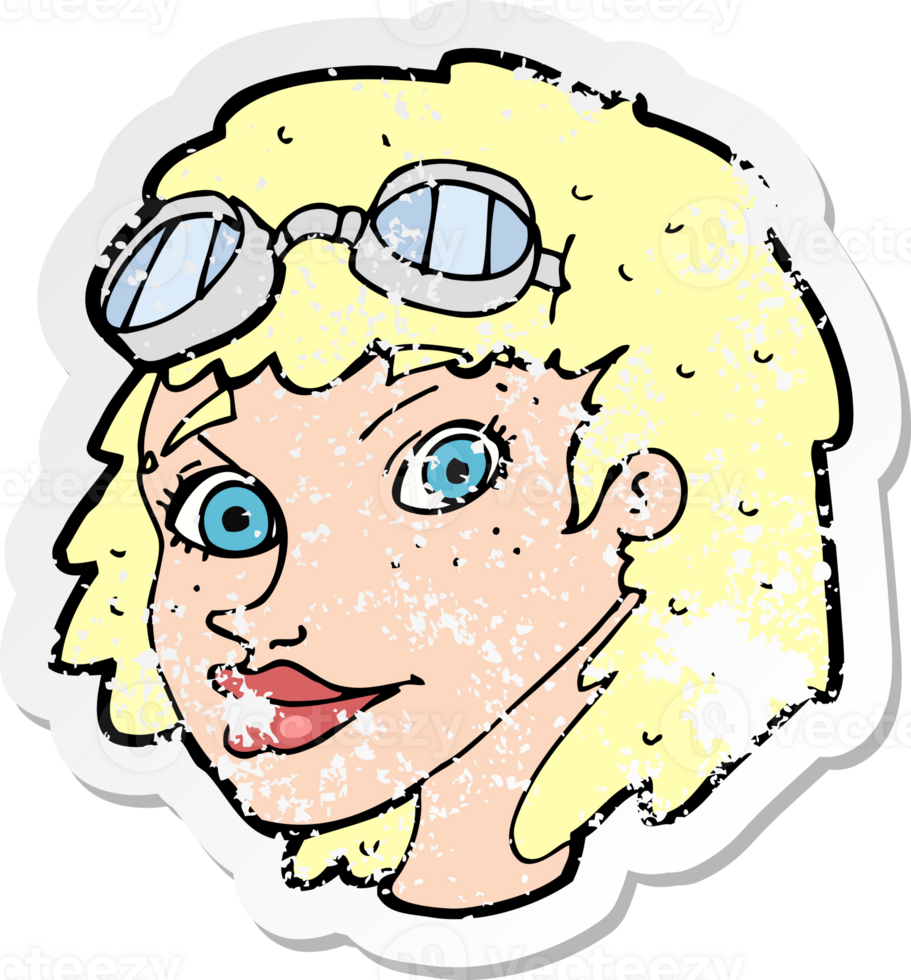 retro distressed sticker of a cartoon happy woman wearing aviator goggles drawing png