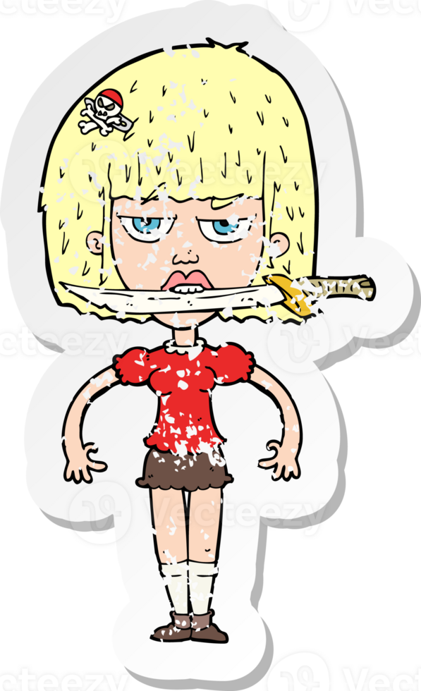 retro distressed sticker of a cartoon woman with knife between teeth drawing png