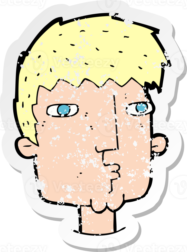 retro distressed sticker of a cartoon curious man drawing png
