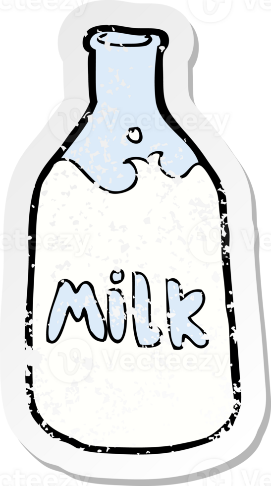 retro distressed sticker of a cartoon bottle of milk drawing png
