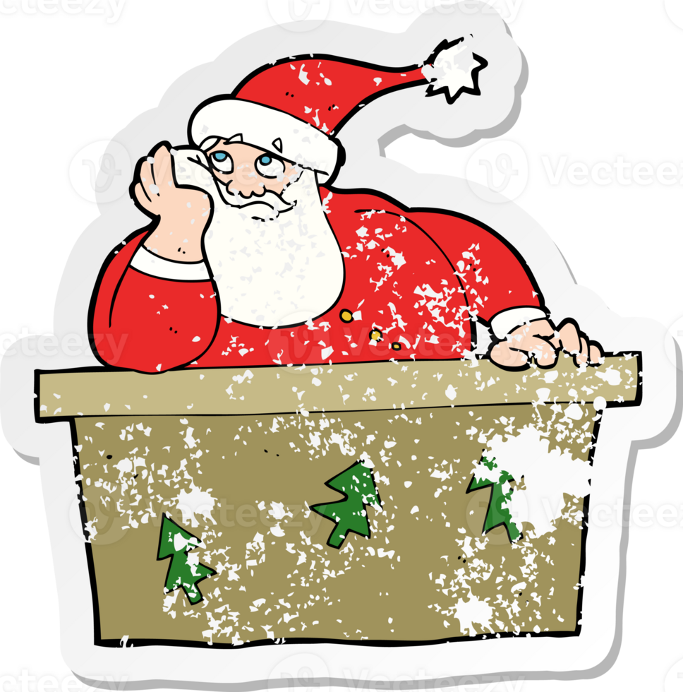 retro distressed sticker of a cartoon bored santa claus drawing png