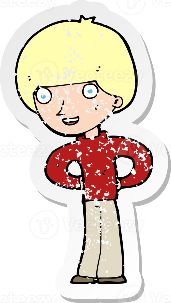 retro distressed sticker of a cartoon happy boy with hands on hips drawing png