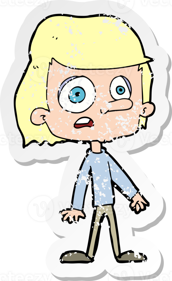 retro distressed sticker of a cartoon worried boy drawing png