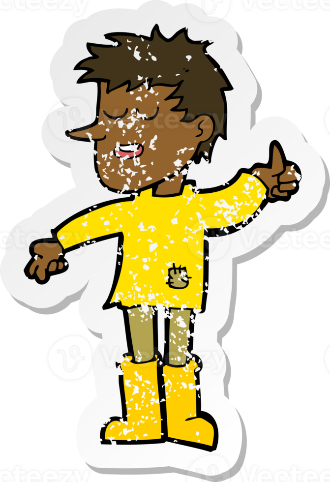 retro distressed sticker of a cartoon poor boy with positive attitude drawing png