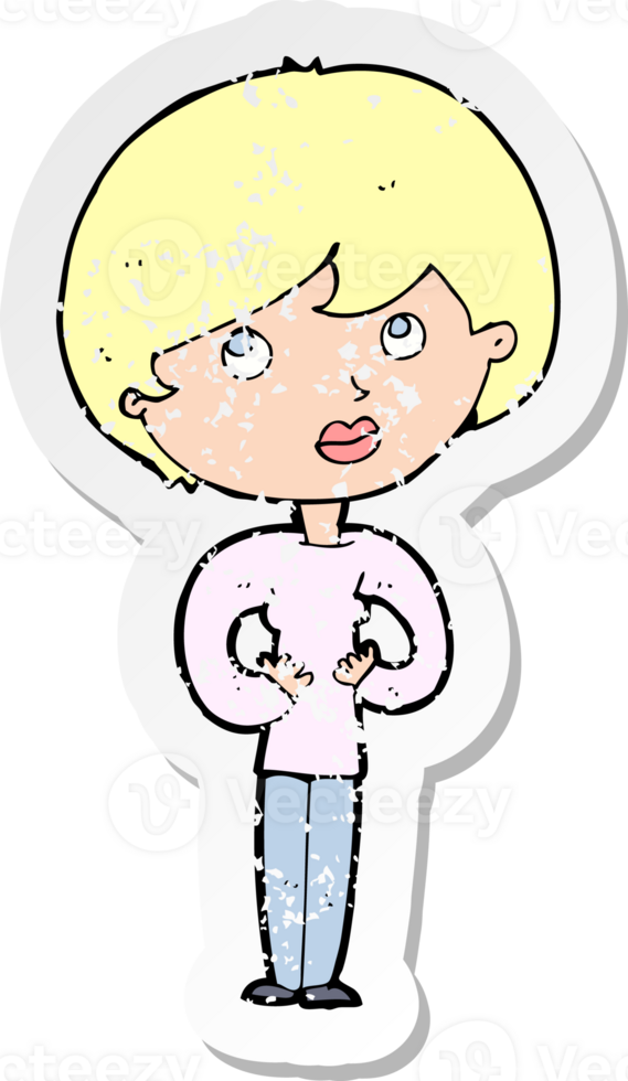 retro distressed sticker of a cartoon woman making Who Me gesture drawing png