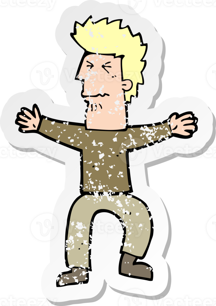 retro distressed sticker of a cartoon stressed out man drawing png