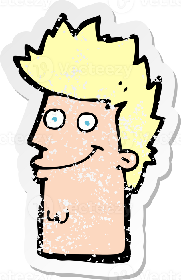 retro distressed sticker of a cartoon happy man face drawing png