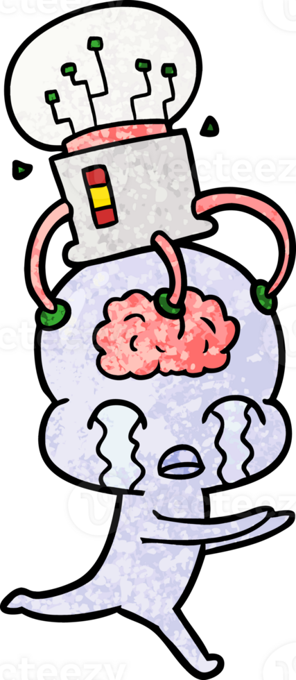 cartoon big brain alien crying with brain interface drawing png