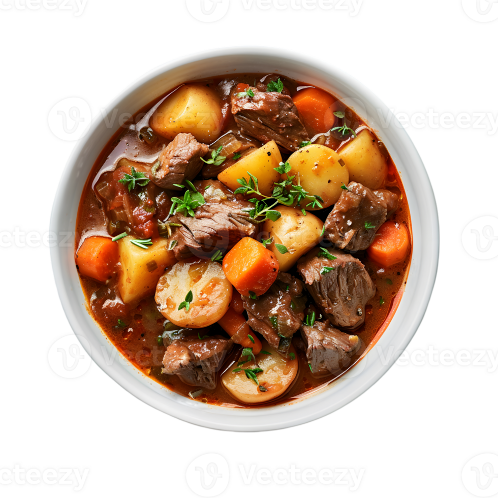 Hearty Beef Stew with Potatoes and Carrots in a Bowl Isolated on Transparent Background png