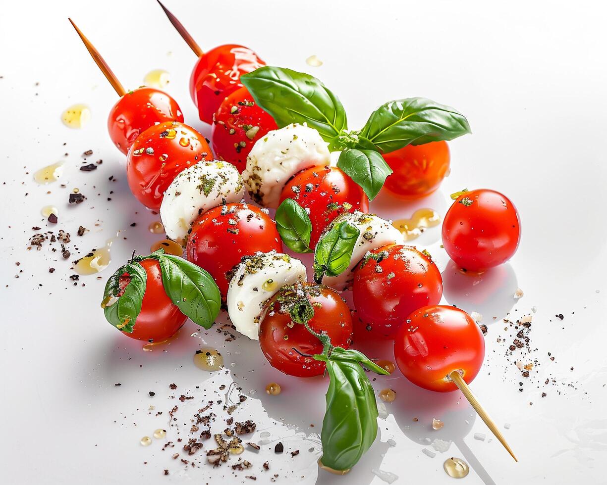 a plate with tomatoes and cheese on skewers photo