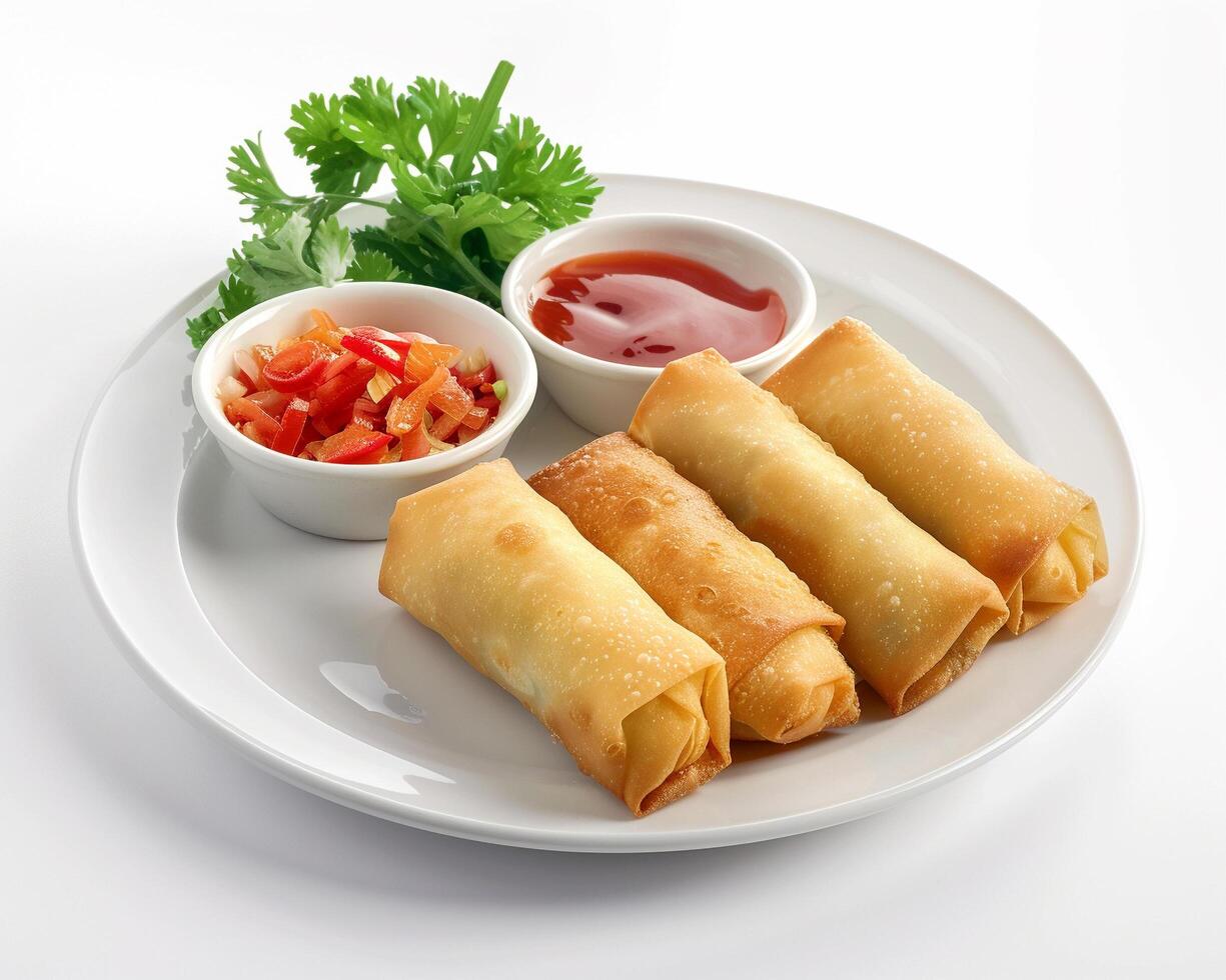 Chinese spring rolls with dipping sauce on a white plate photo