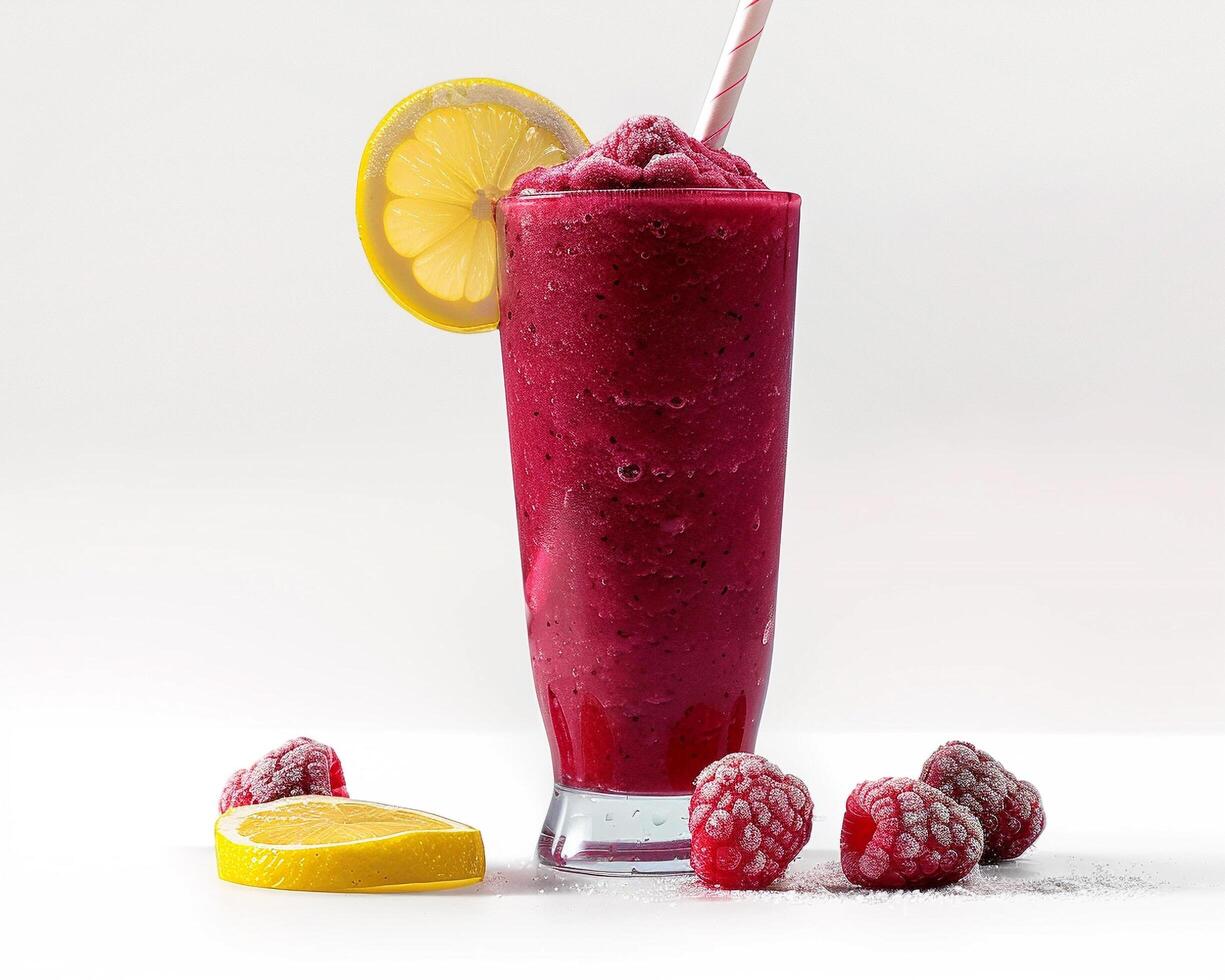 a smoothie with raspberries and a lemon slice photo