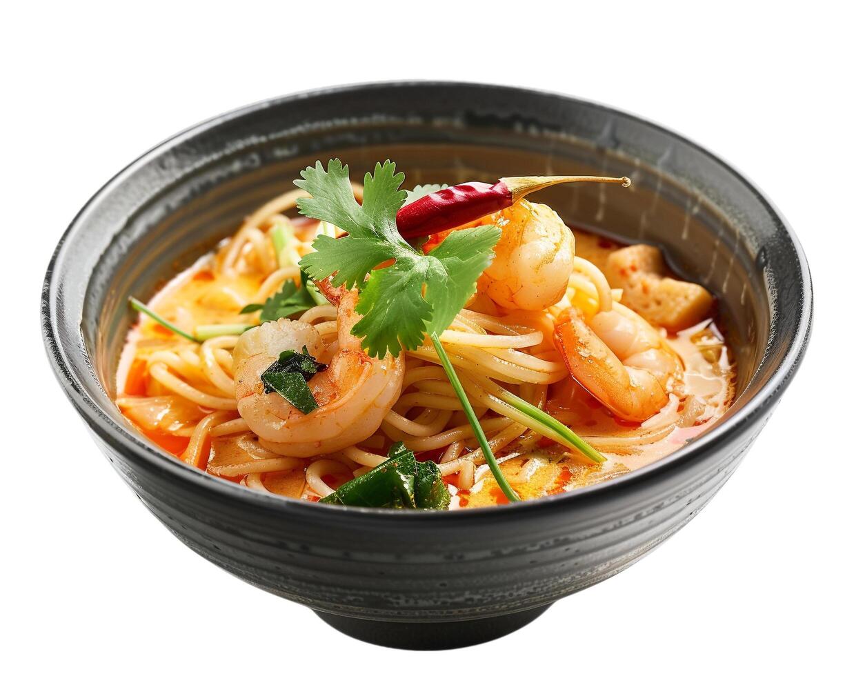 a bowl of noodles with shrimp and vegetables photo