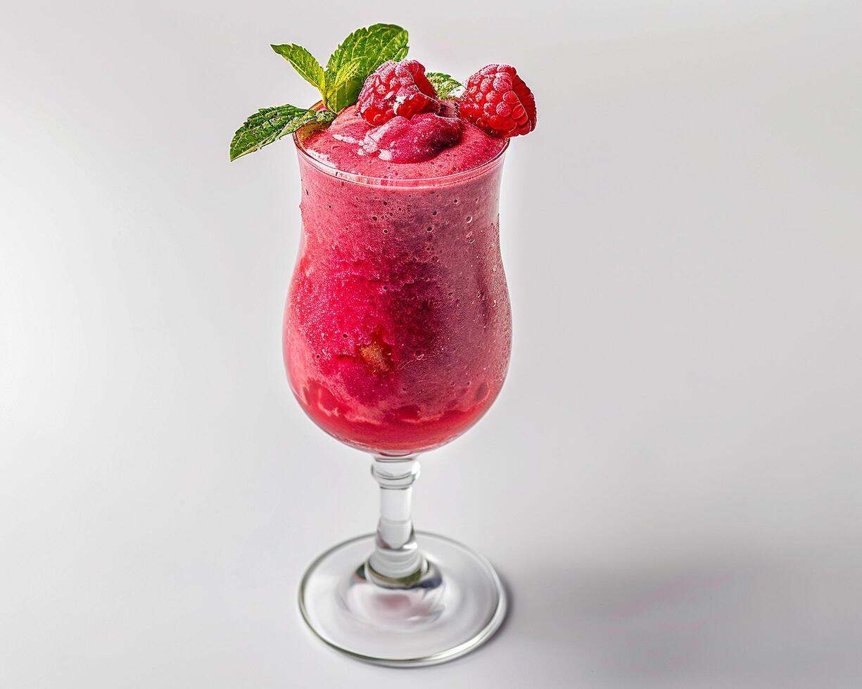a glass of raspberry smoothie with a mint leaf photo