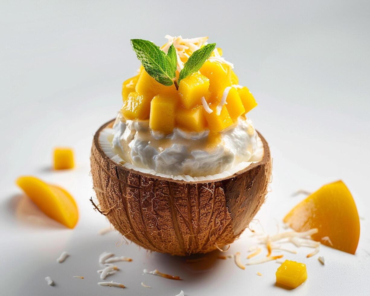 a coconut with whipped cream and mango photo
