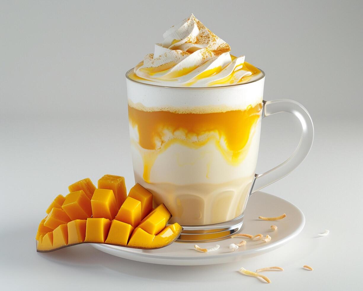 a drink with whipped cream and mango slices photo