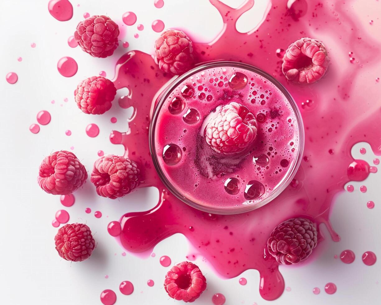 raspberry smoothie with pink liquid and raspberries photo