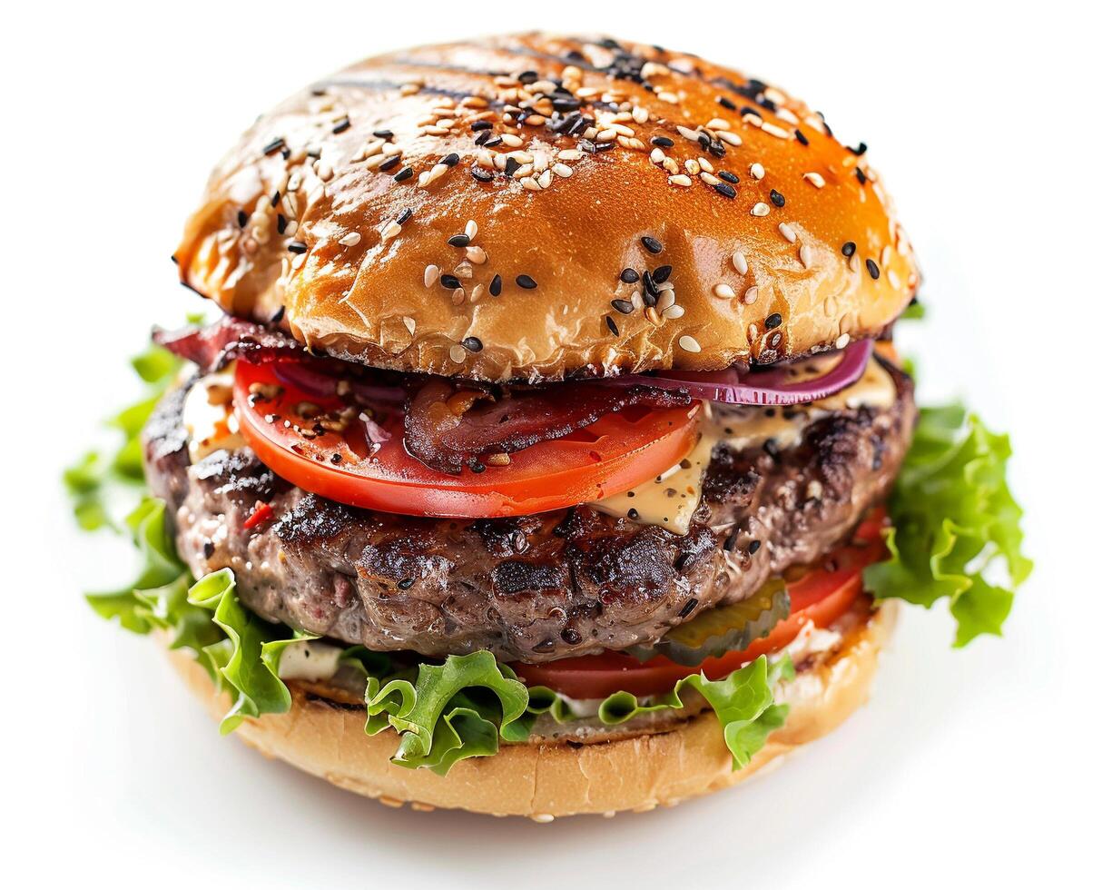 a hamburger with lettuce, tomato and onion photo