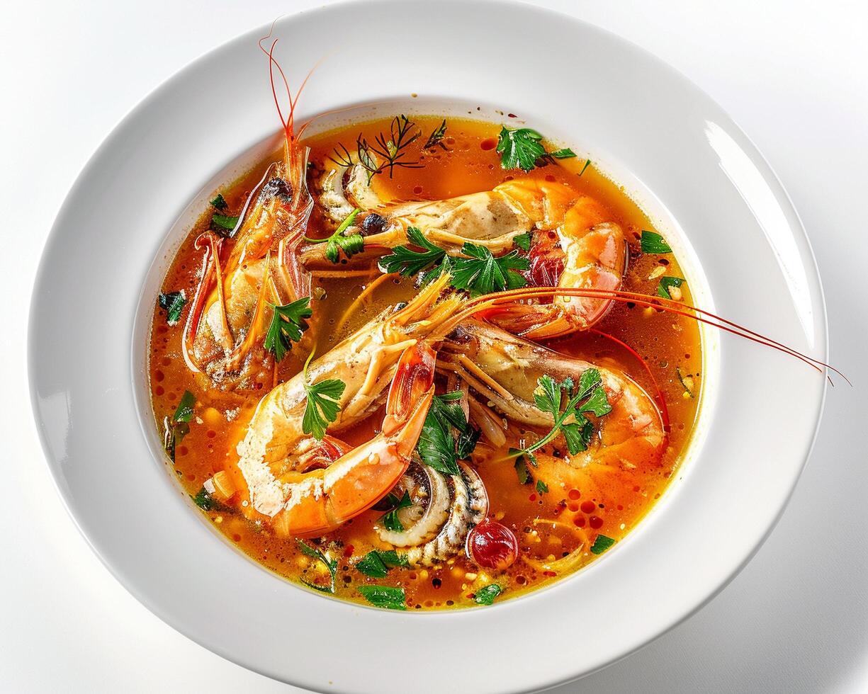 a bowl of soup with shrimp and vegetables photo
