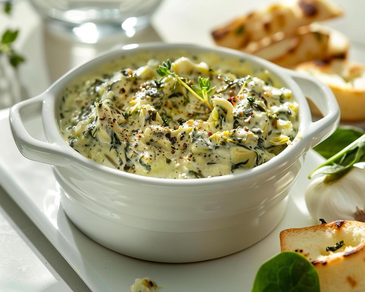 spinach and cheese dip in a white bowl photo
