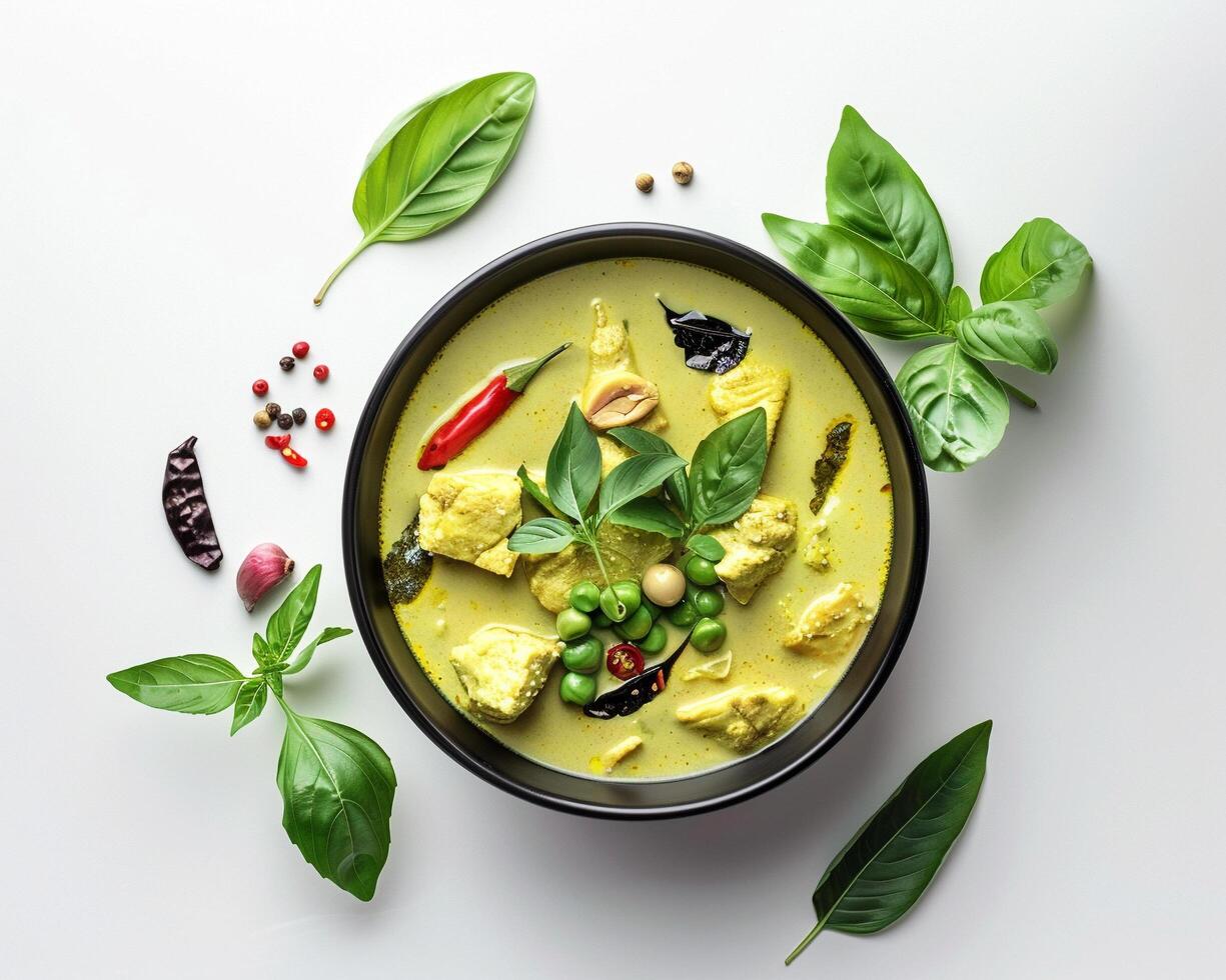 thai curry with chicken, peas and basil on white background top view photo