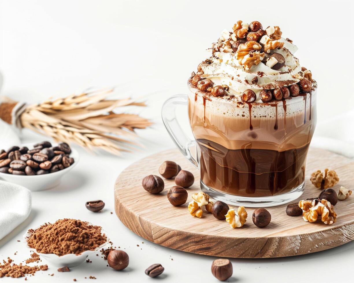 hot chocolate with whipped cream and nuts on a white background photo
