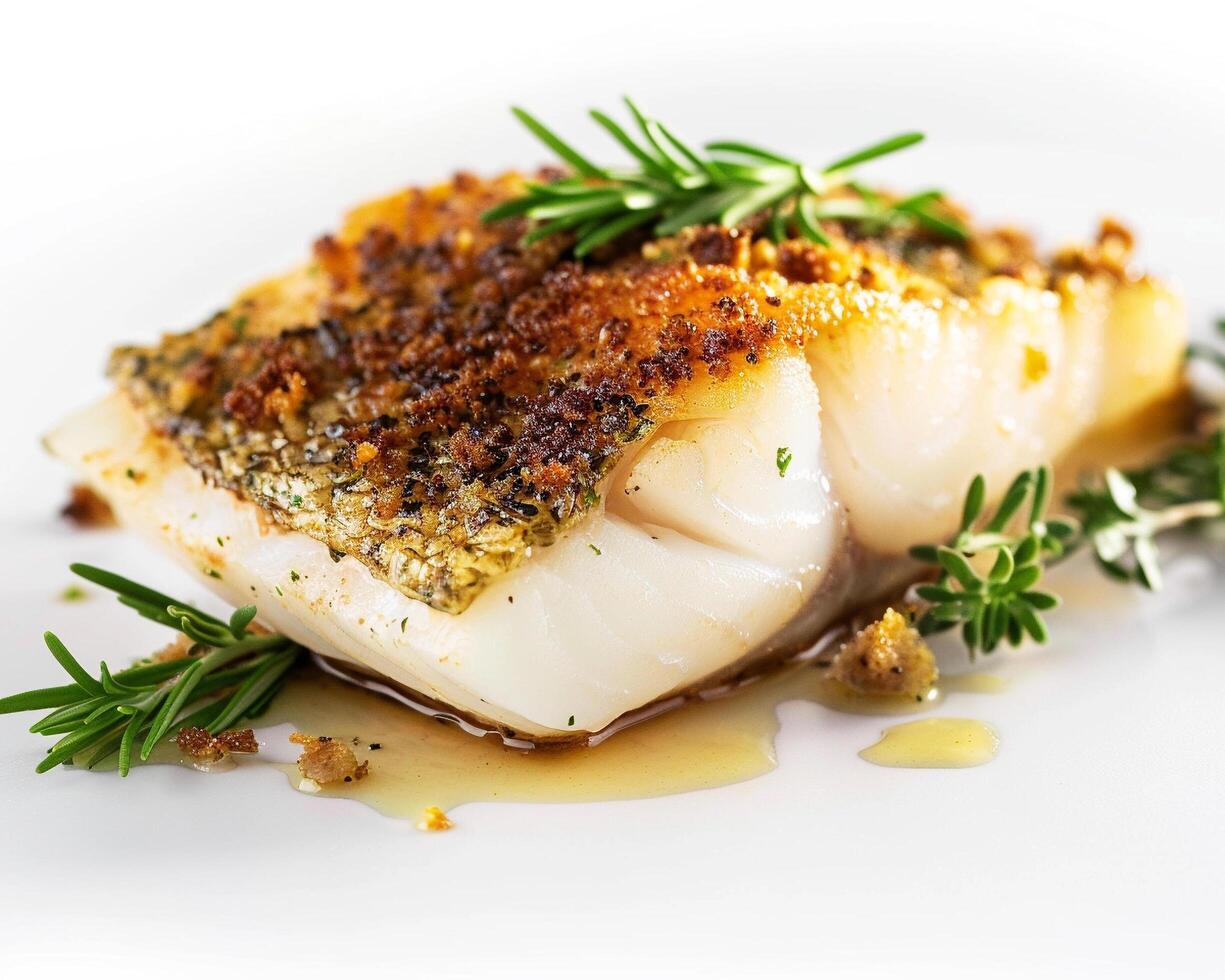 a piece of fish with herbs and spices on it photo