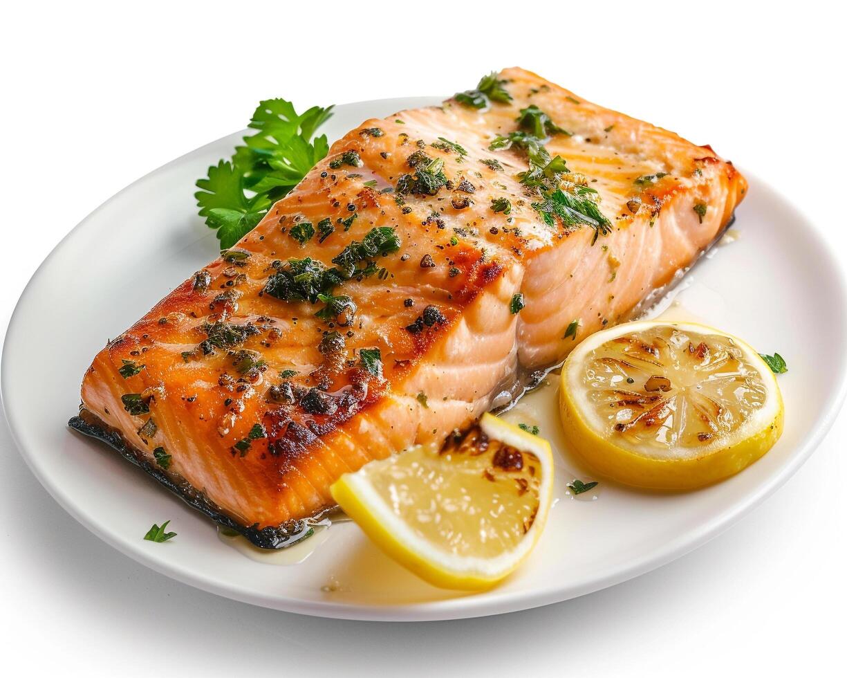 salmon on a plate with lemon slices and parsley photo