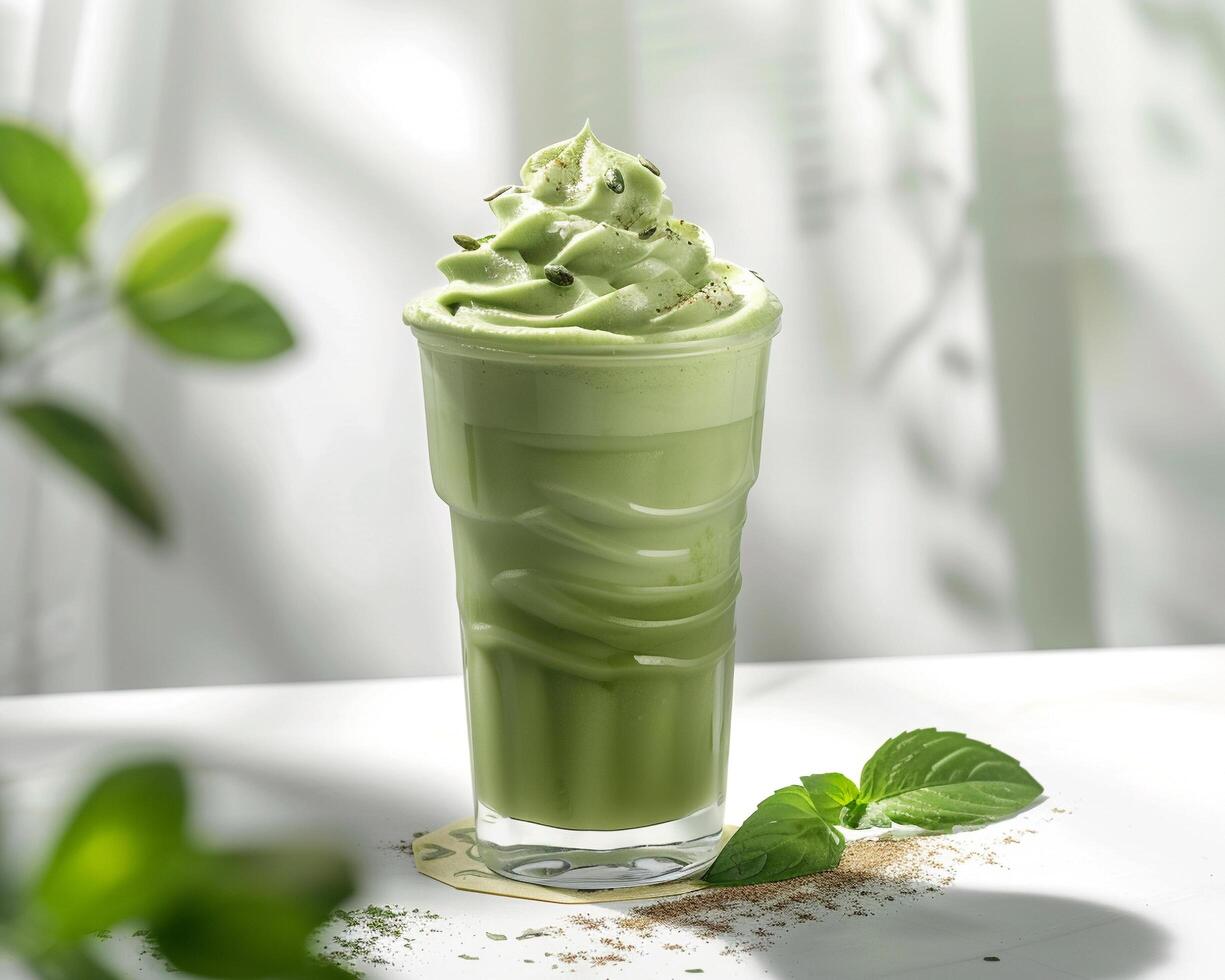 a green smoothie with whipped cream and mint leaves photo