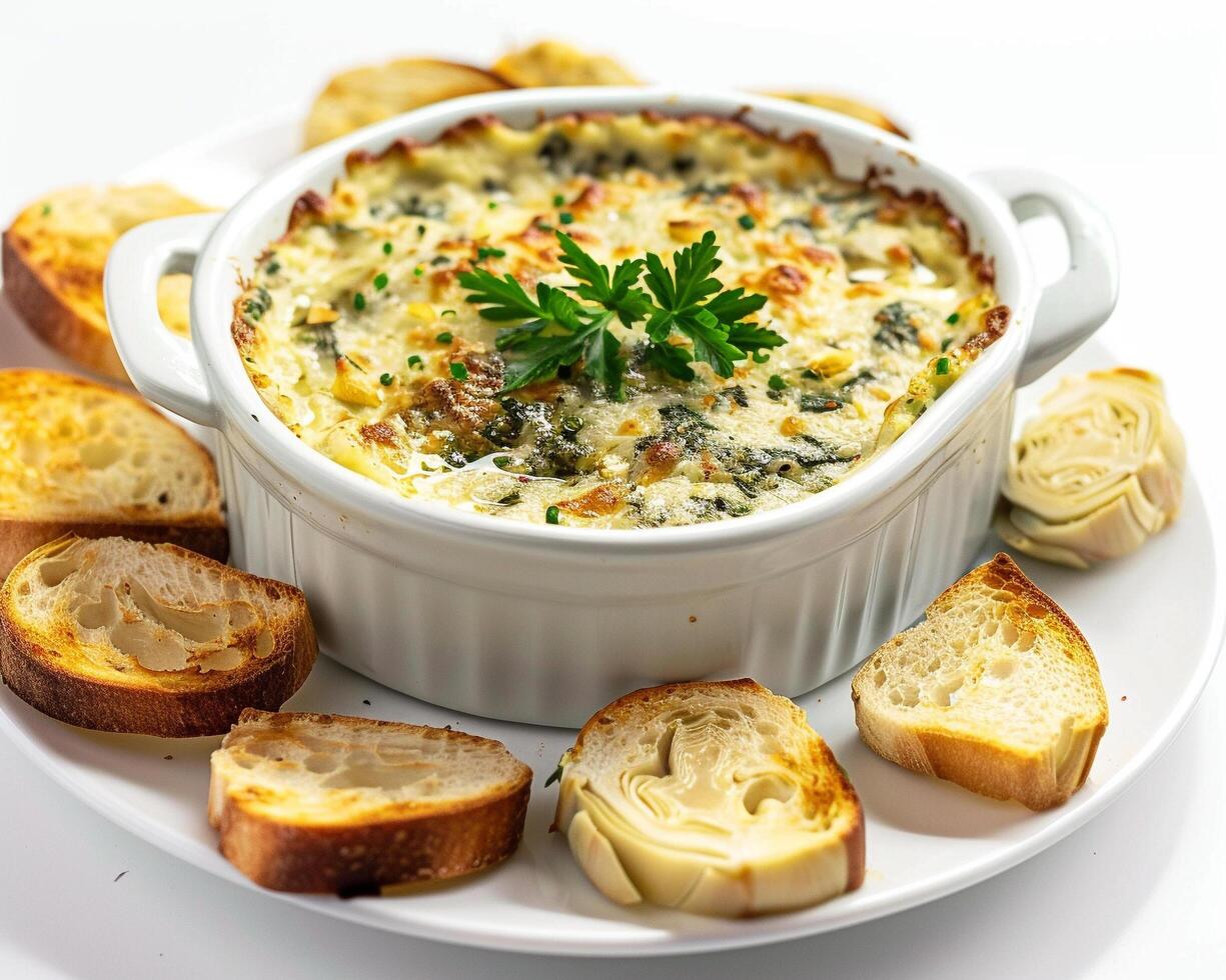 a white plate topped with a bowl of cheese and bread photo