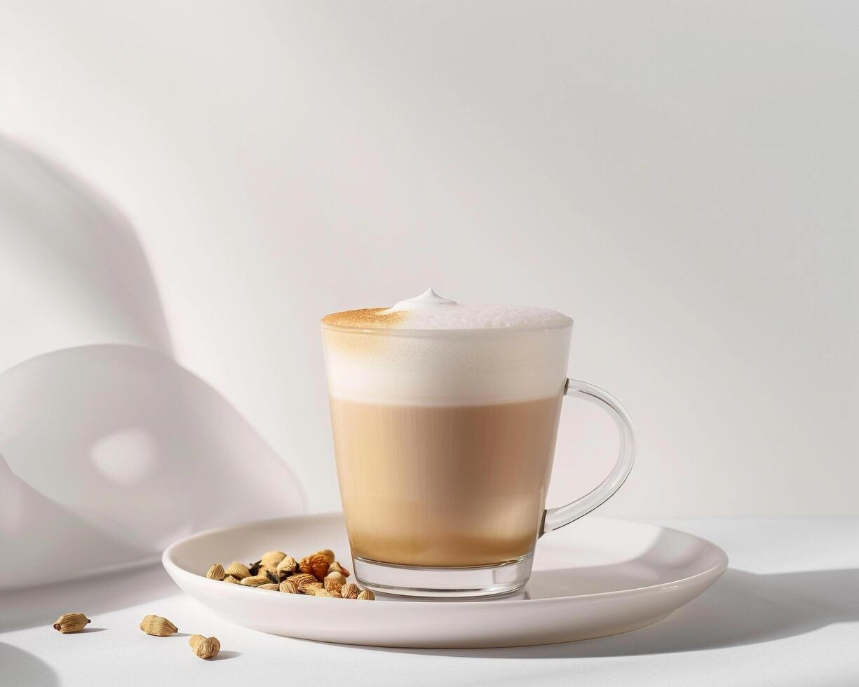 a latte with nuts and a white plate photo