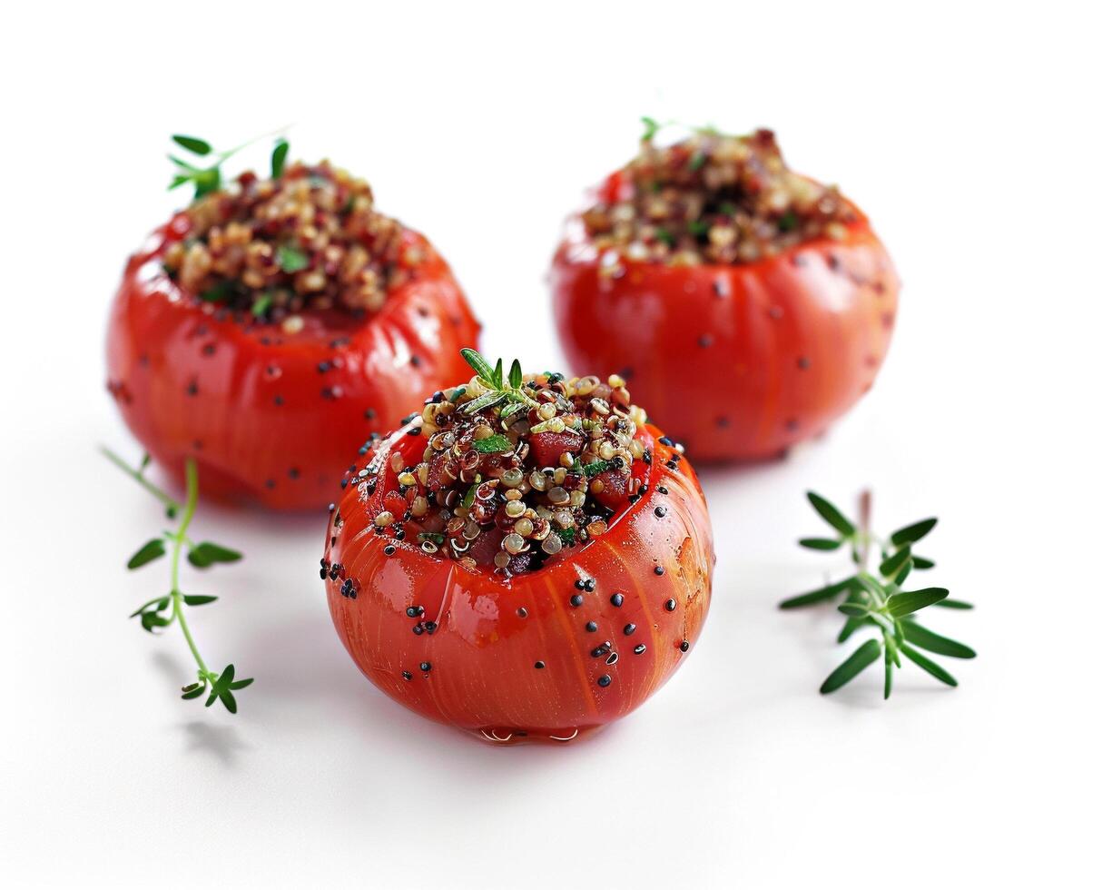 three stuffed tomatoes with herbs and spices photo