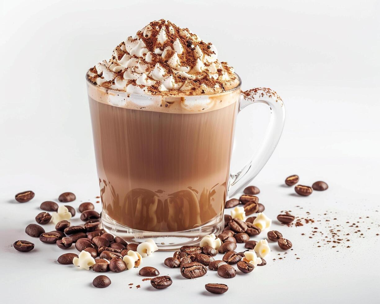 a glass of hot chocolate with whipped cream and coffee beans photo