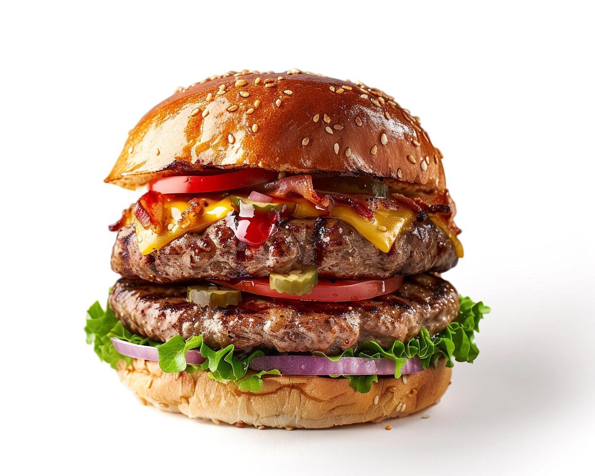 a large hamburger with cheese, lettuce and tomatoes photo