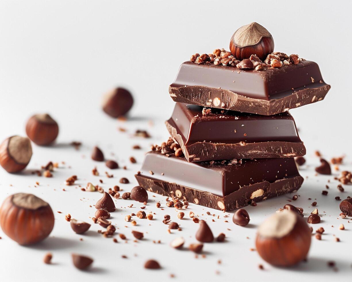 chocolate bar with hazelnuts on white background photo
