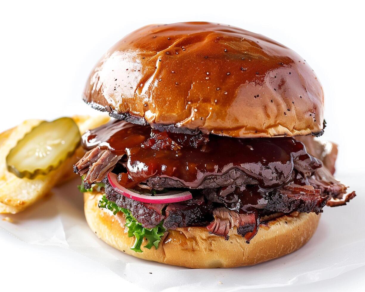 A bbq sandwich with pickles and a pickle photo