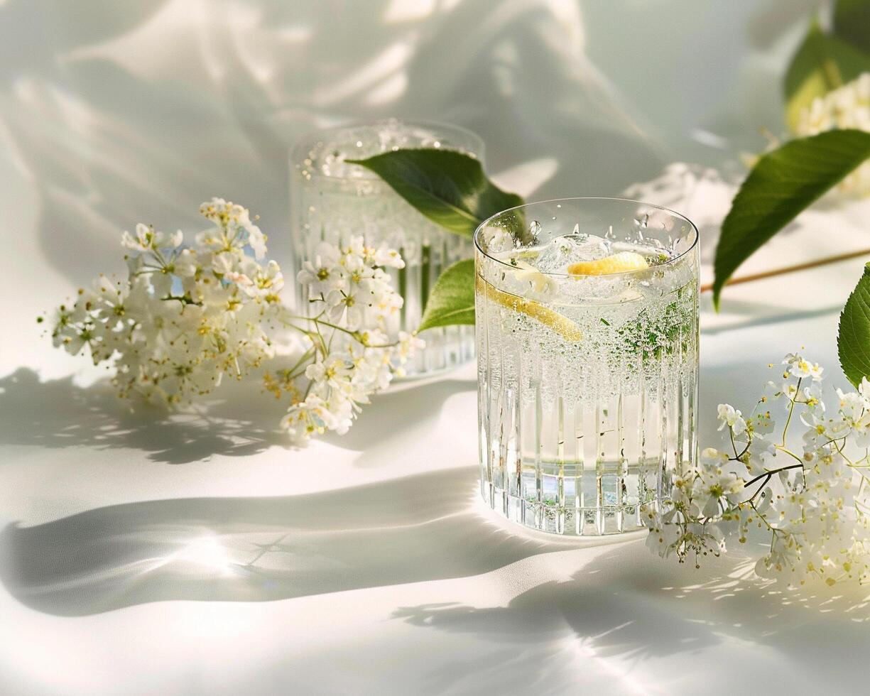 two glasses of water with flowers and leaves photo
