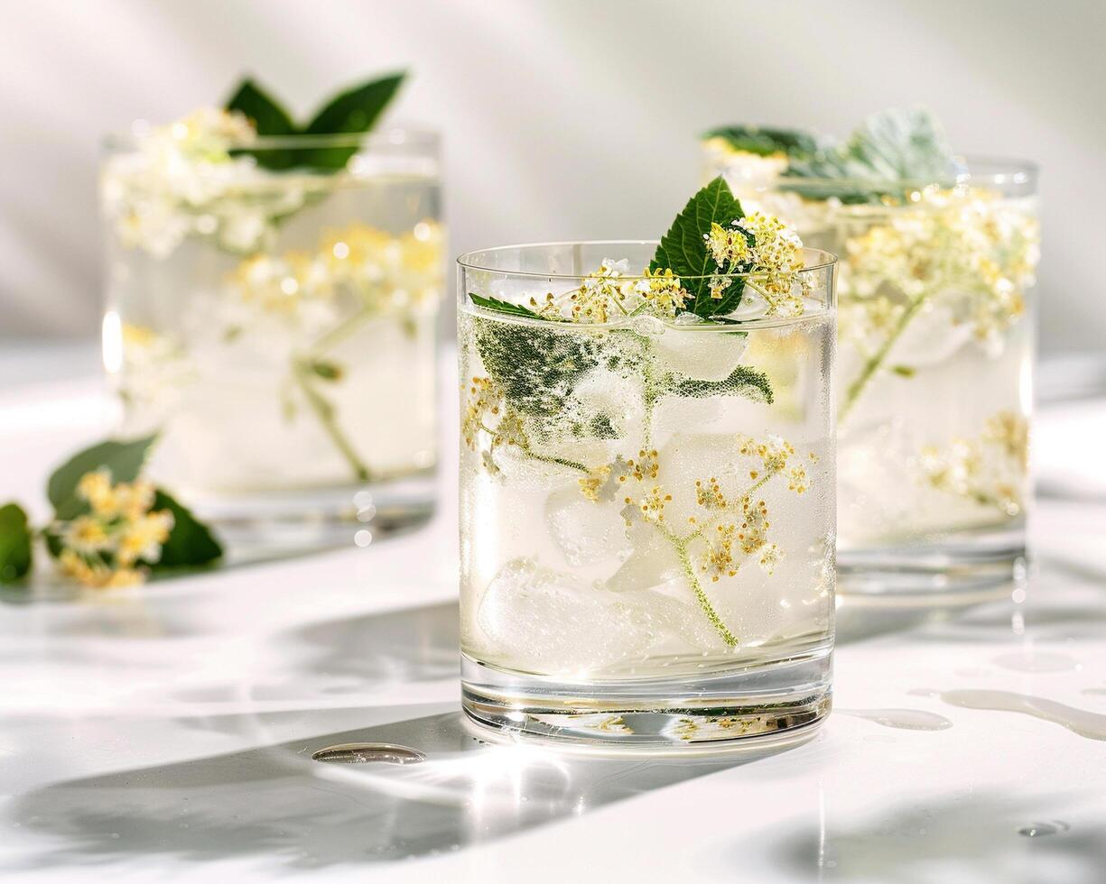 three glasses filled with ice and flowers photo