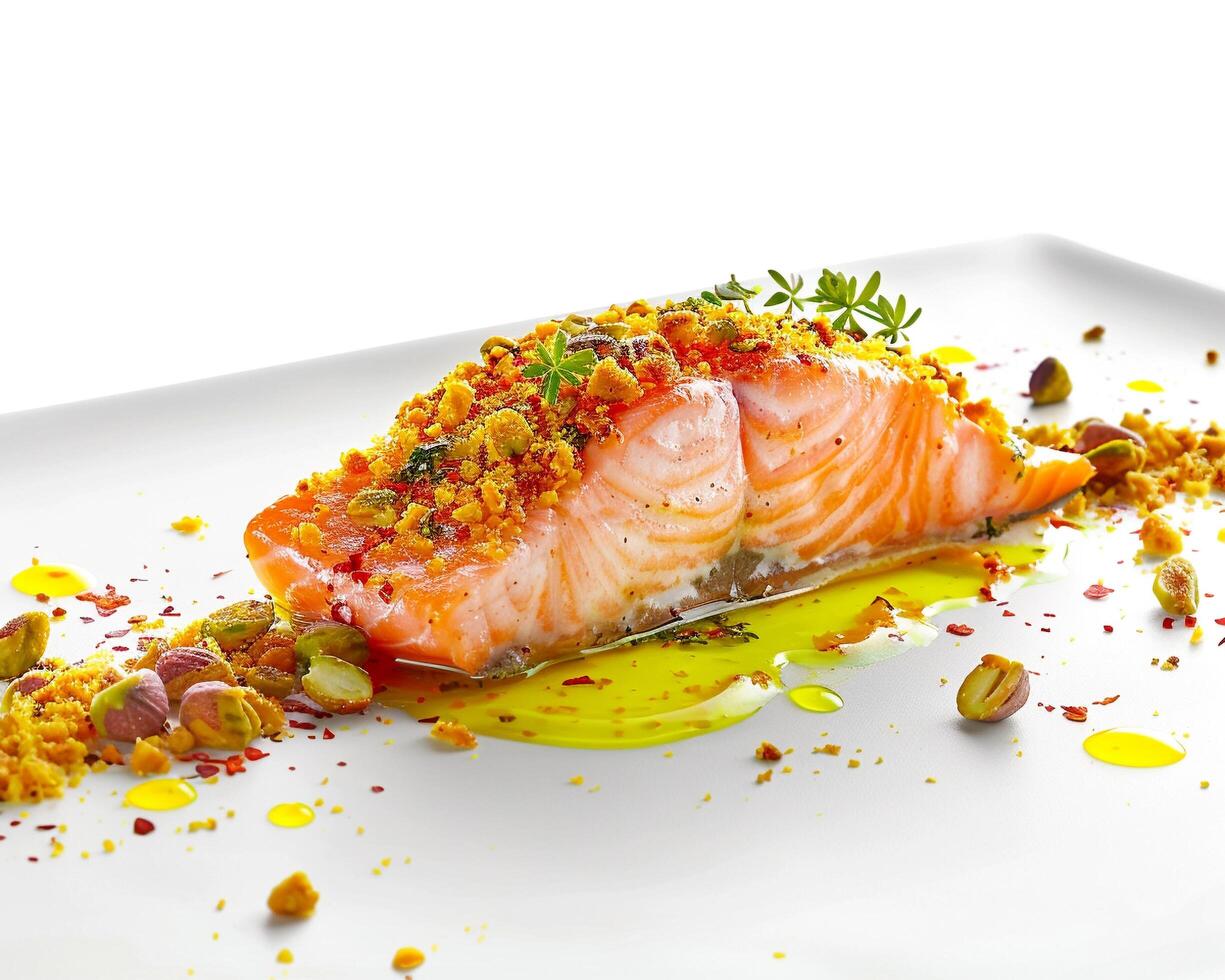 a piece of salmon on a plate with a sauce photo