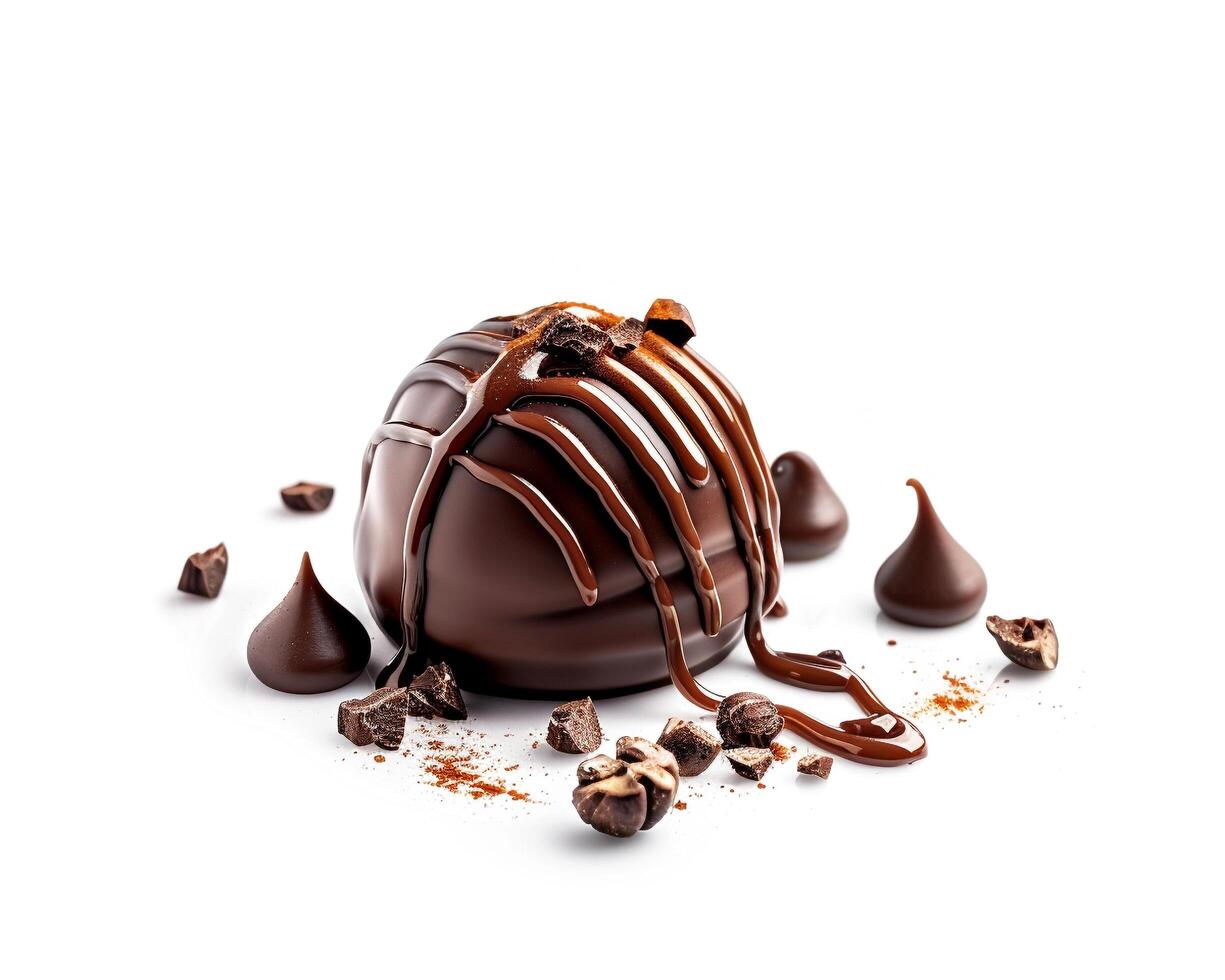 chocolate covered ball with chocolate drizzle on white background photo