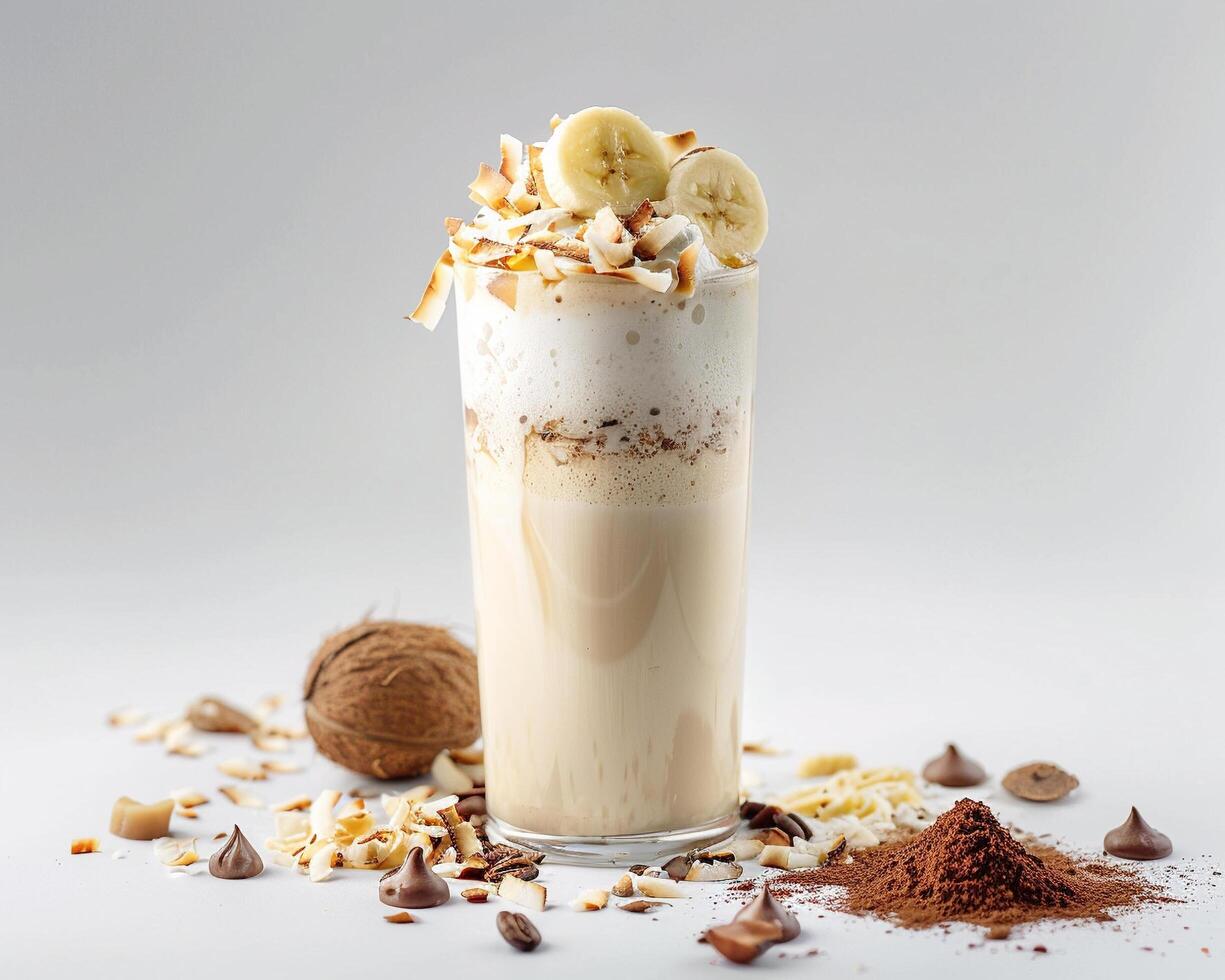 a milkshake with bananas, nuts and chocolate photo