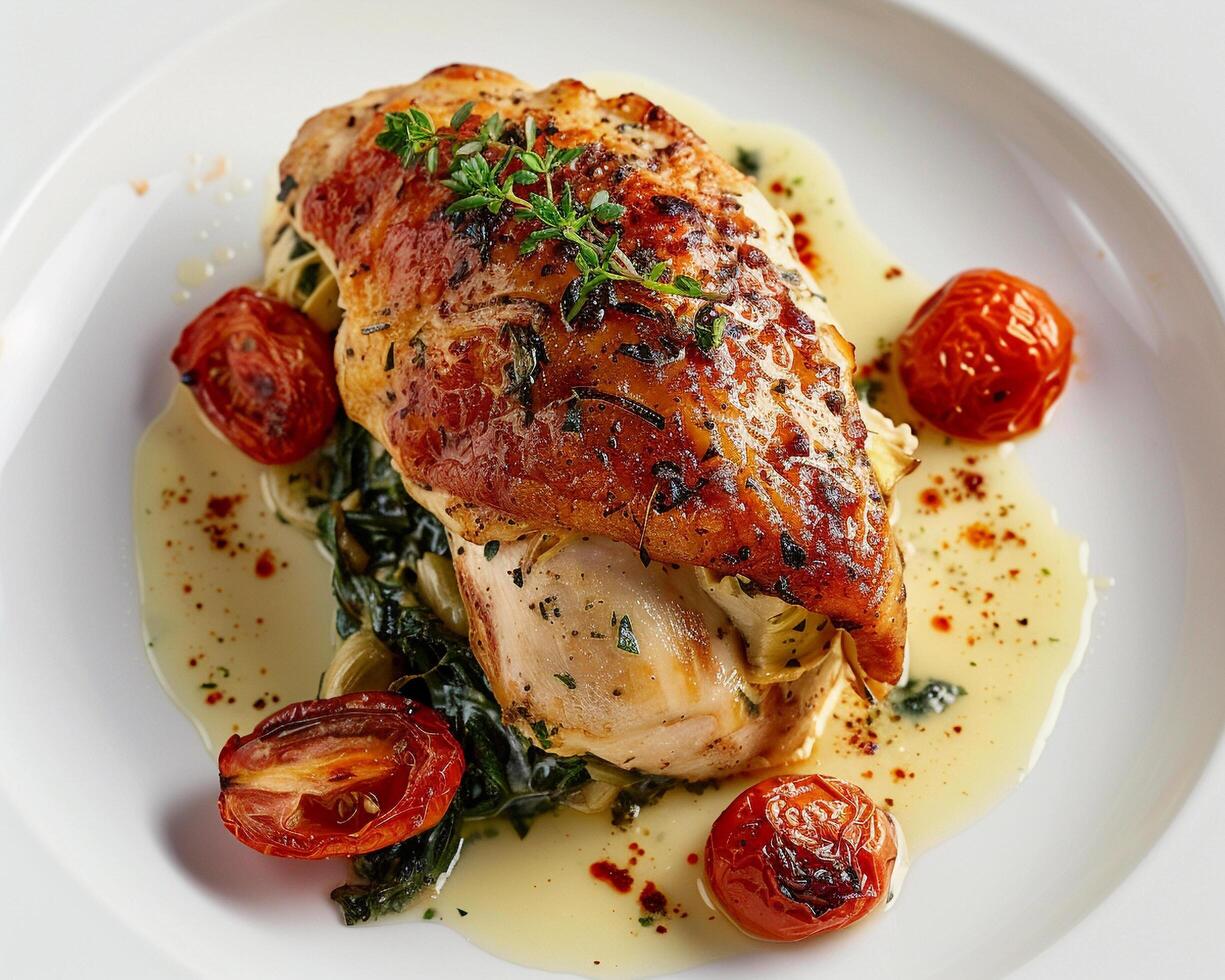 a chicken breast with sauce and tomatoes on a white plate photo
