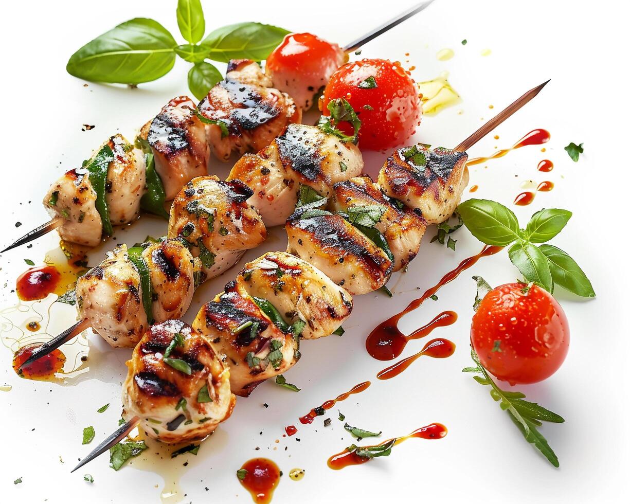 grilled chicken kebabs on a white background photo