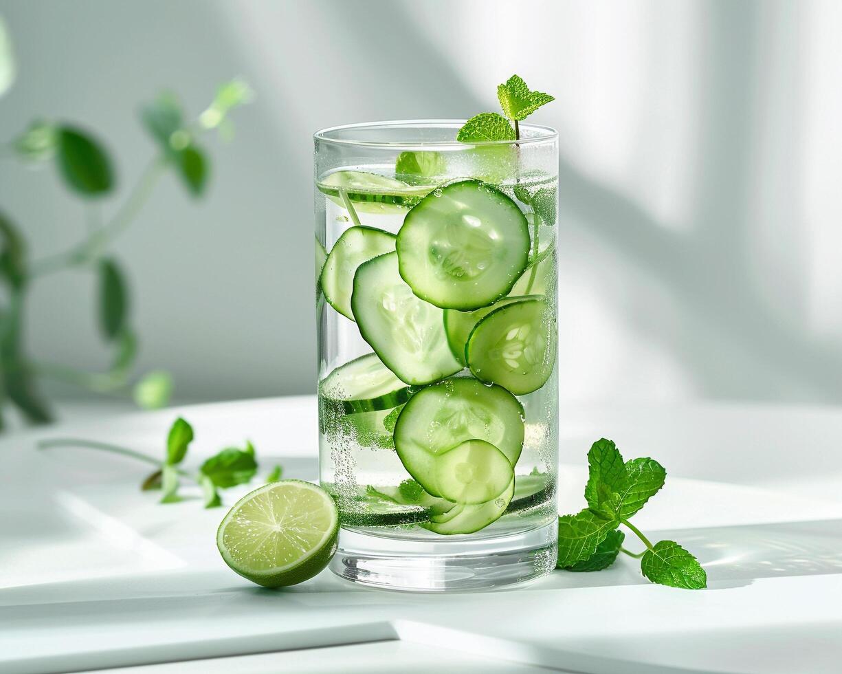 a glass of water with cucumber slices and mint leaves photo