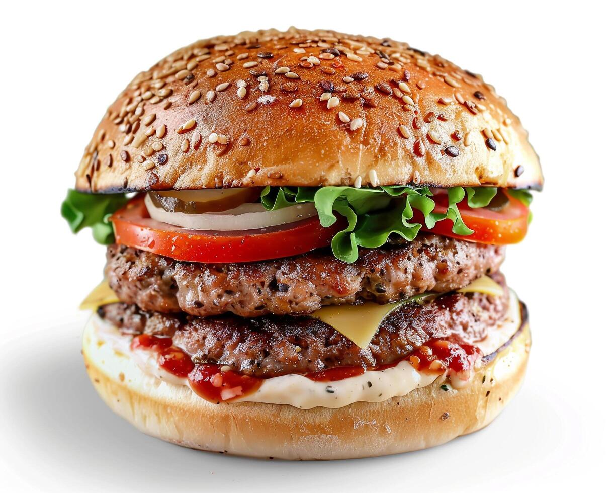 a hamburger with cheese, lettuce, tomato and ketchup photo