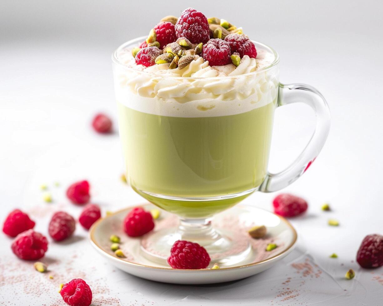 a cup of green tea with whipped cream and raspberries photo