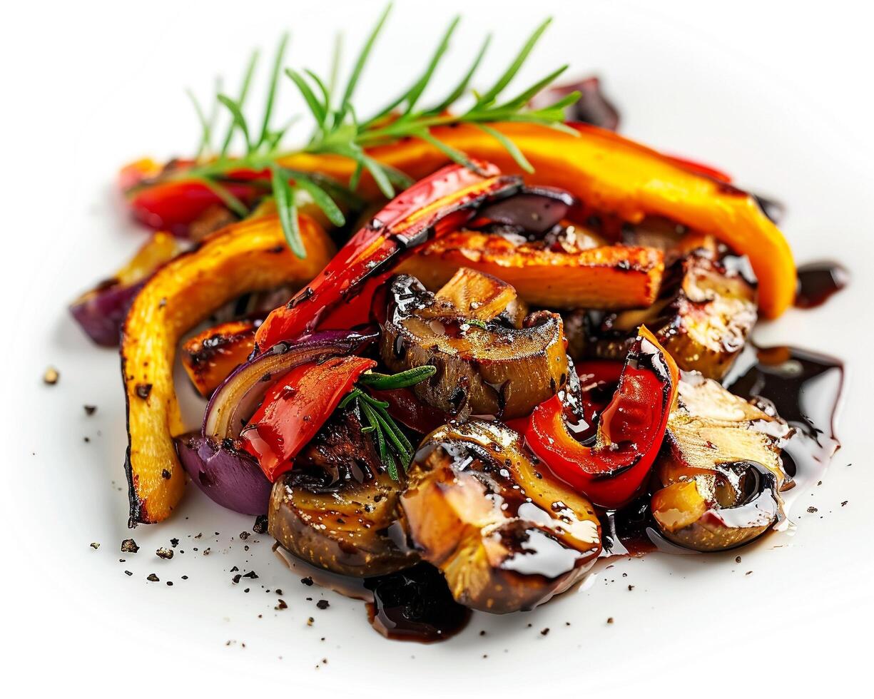 a plate of vegetables with a sprig of rosemary photo