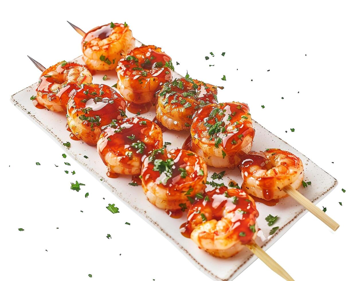 shrimp skewers with sauce and herbs on a white plate photo