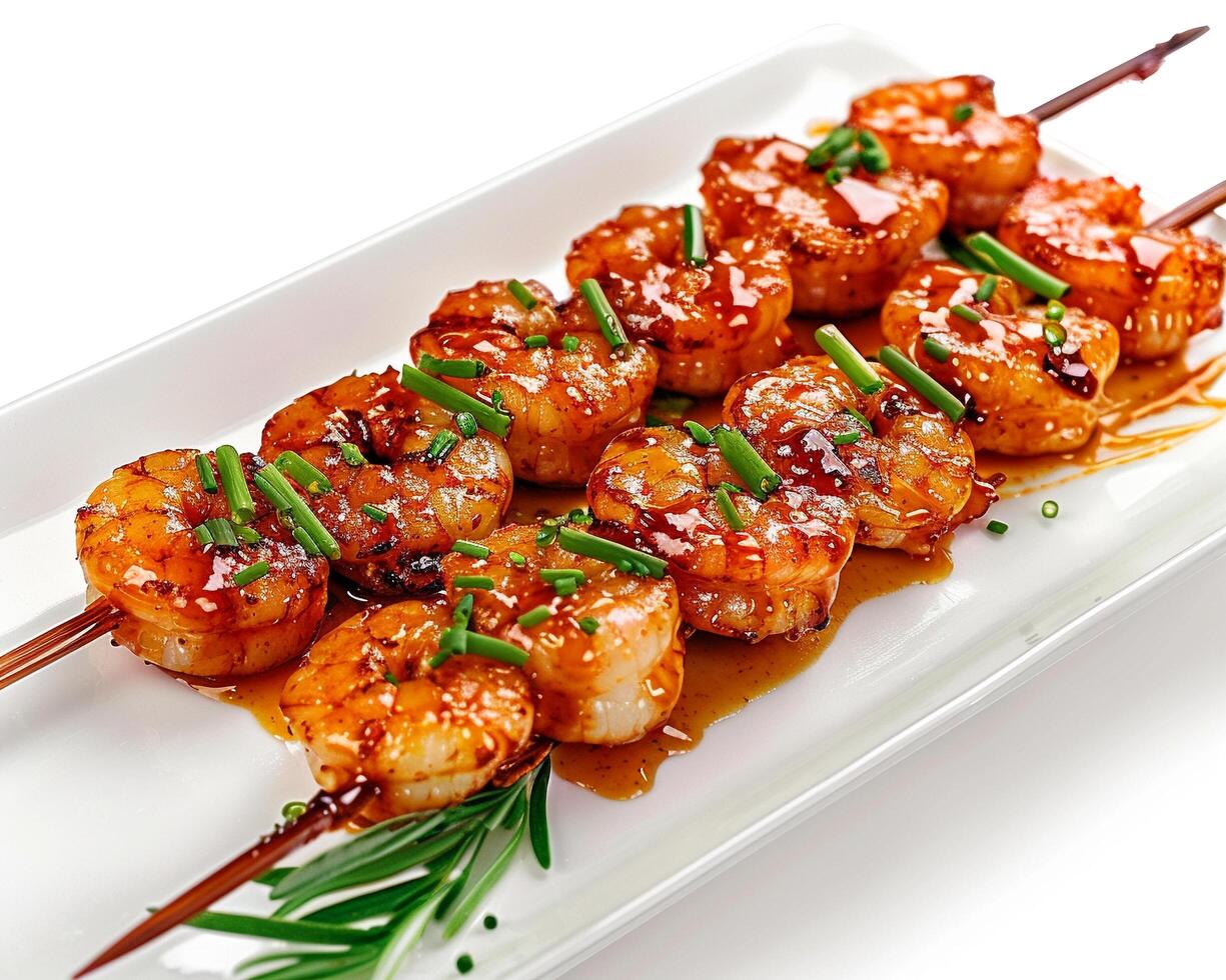 a plate of shrimp skewers with sauce and herbs photo